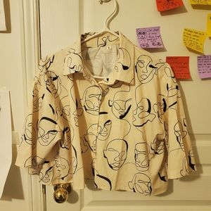 SHEIN face line art pattern cropped button down